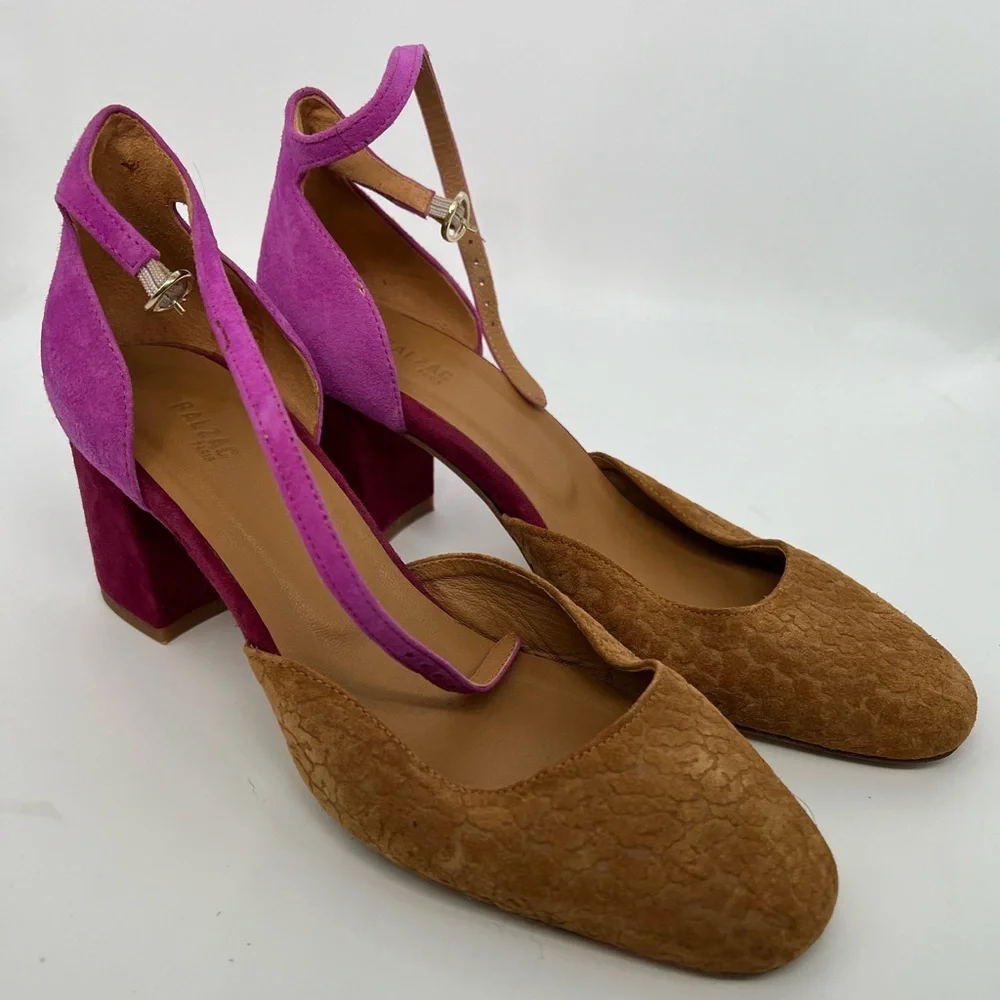 Balzac Paris “Miraculeuse” Suede Leather Wrap Heels – Magenta & Tan Block Pumps - Picture 4 of 8
